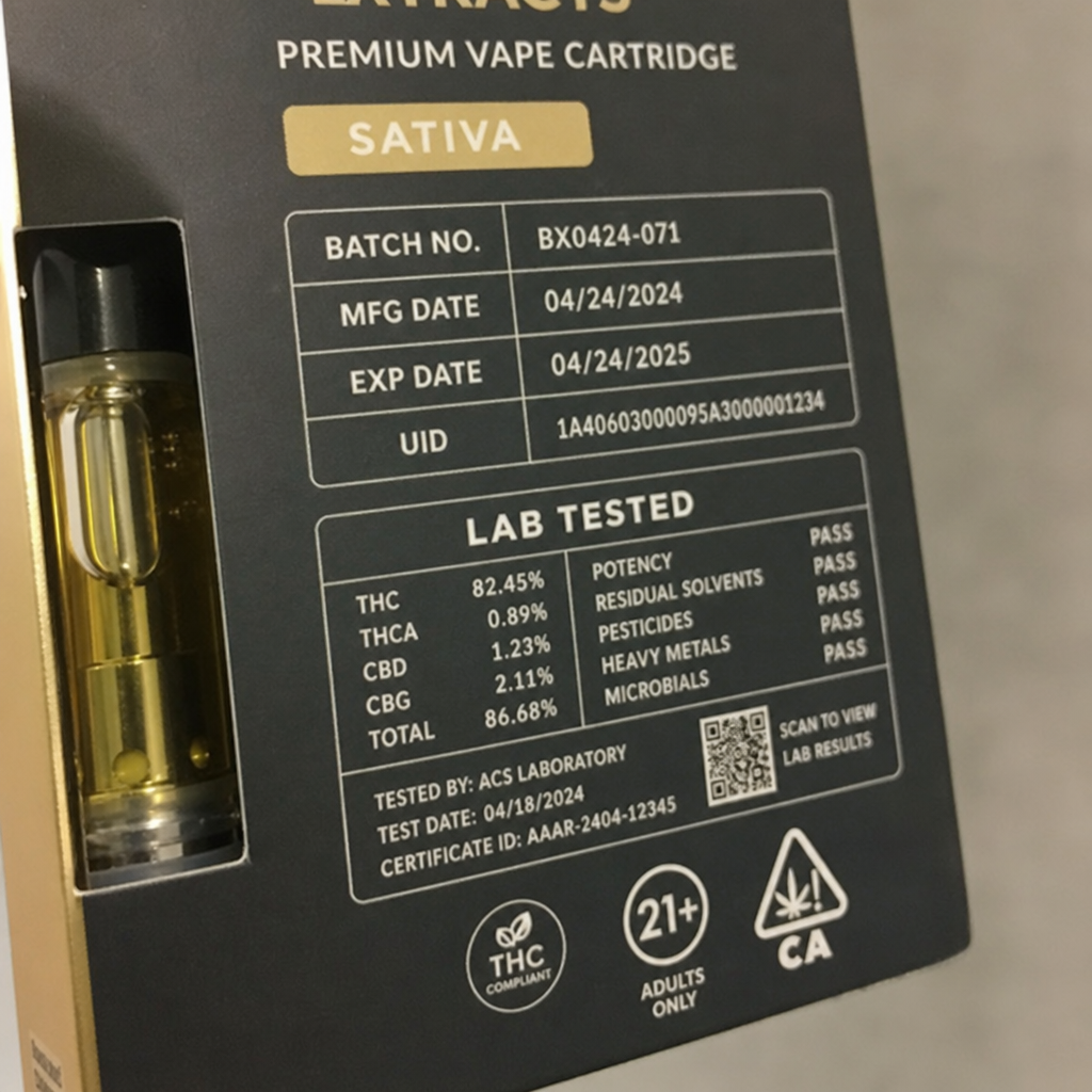 Premium Sativa vape cartridge packaging showing lab-tested results panel with batch number, expiration date, cannabinoid potency breakdown, and verification QR code - Vape Safety Guide on VapeFeat