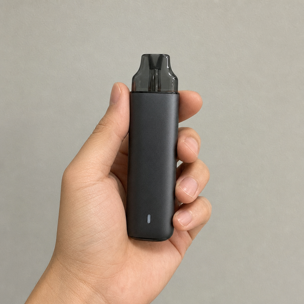 Hand holding a sleek matte grey refillable pod vape kit with tinted mouthpiece and LED battery indicator - Pod Vape Review and Size Comparison by VapeFeat