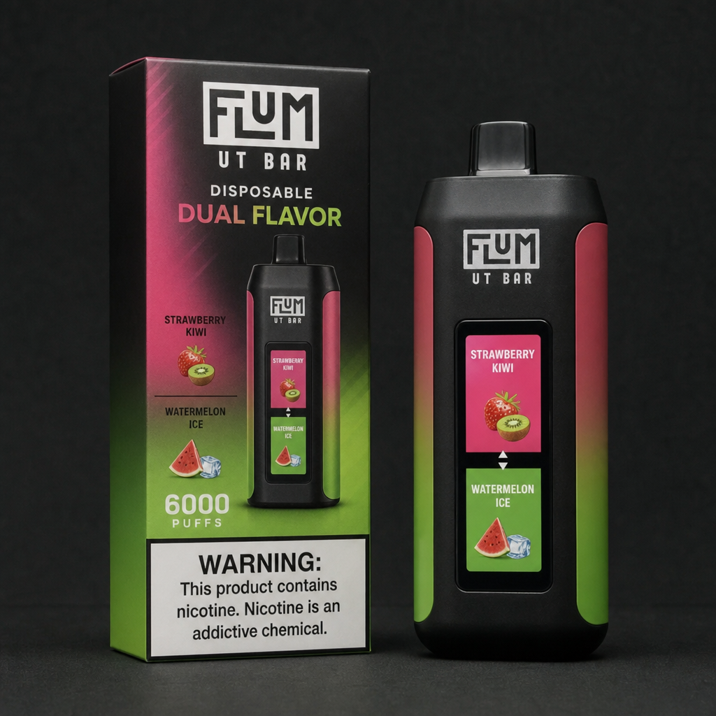Flum UT Bar 6000 puffs dual flavor disposable vape in Strawberry Kiwi and Watermelon Ice with retail box on black background - Flum UT Bar review by VapeFeat