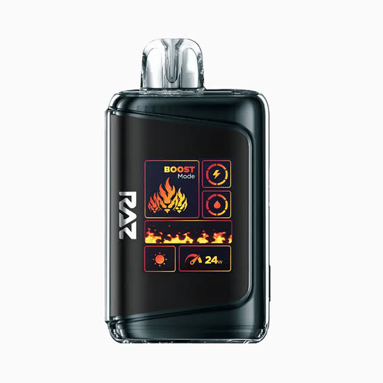 Black Raz DC25000 smart disposable vape showing full HD digital screen active in 24W Boost Mode with flame graphics, battery meter, and e-liquid level indicators - Raz Vape review by VapeFeat