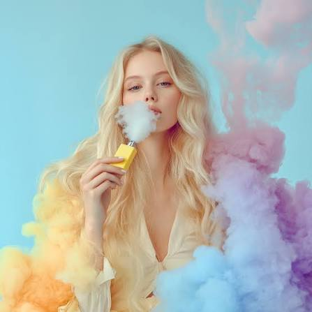 Blonde woman holding a yellow compact vape device exhaling smooth vapor clouds surrounded by colorful pastel smoke against a light blue background - Vape Culture and Flavor Guide on VapeFeat