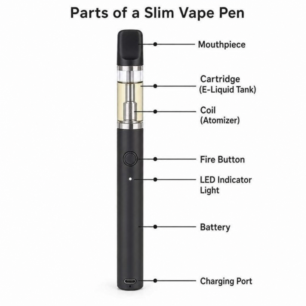 Diagram of a black vape pen illustrating parts including cartridge e-liquid tank, atomizer coil, fire button, LED light, battery, and charging port on VapeFeat