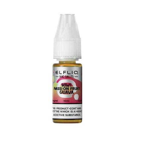 Elfliq Nic Salts 10ml bottle in Kiwi Passion Fruit Guava flavor with clear childproof dropper cap on a white background - Elf Bar E-Liquid Review on VapeFeat