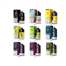 Nasty Juice e-liquid bottle and box collection featuring nine distinct fruit and low-mint flavor blends arranged in a grid on a white background - Nasty Juice review on VapeFeat
