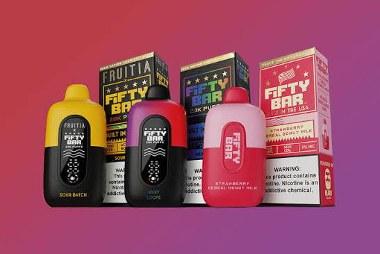 Three Fifty Bar 20K disposable vapes in Sour Batch, Milky Loops, and Strawberry Cereal Donut Milk flavors alongside retail boxes on a purple-to-red gradient background - Fifty Bar review by VapeFeat