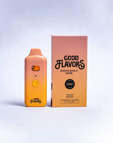 Good Flavors Peach Mango hybrid disposable vape device next to peach gradient retail box on a white background - Good Flavors review on VapeFeat