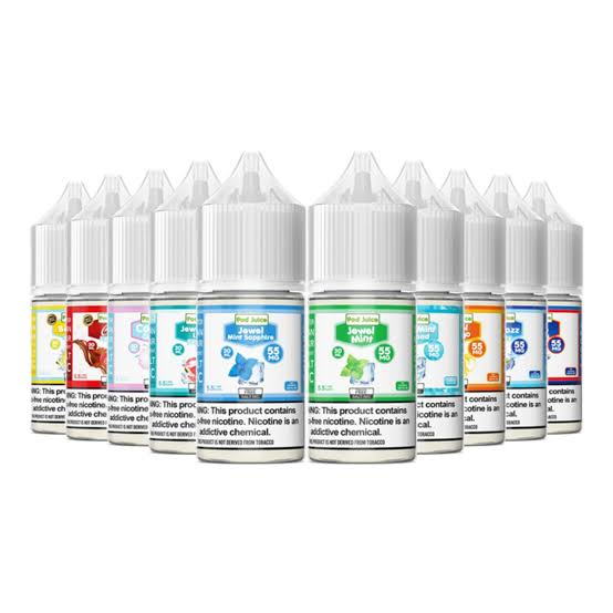 Pod Juice nic salts lineup showing Jewel Mint Sapphire and Jewel Mint bottles in front of full collection on white background - Pod Juice Salt flavors review on VapeFeat