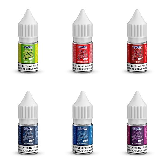 Kingston Pod Juice nic salt 10ml bottles collection in Lemon and Lime, Juicy Strawberry, Cherry, Blueberry Ice, Blue Raspberry, and Blackcurrant on a white background - Pod Juice review by VapeFeat