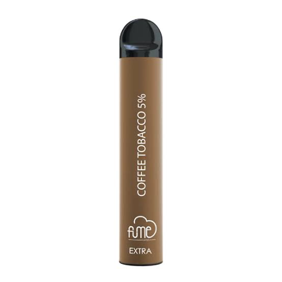 Brown Fume Extra disposable vape pen in Coffee Tobacco 5% nicotine flavor featuring a cylindrical body and black rounded mouthpiece on a white background - Fume Extra review by VapeFeat