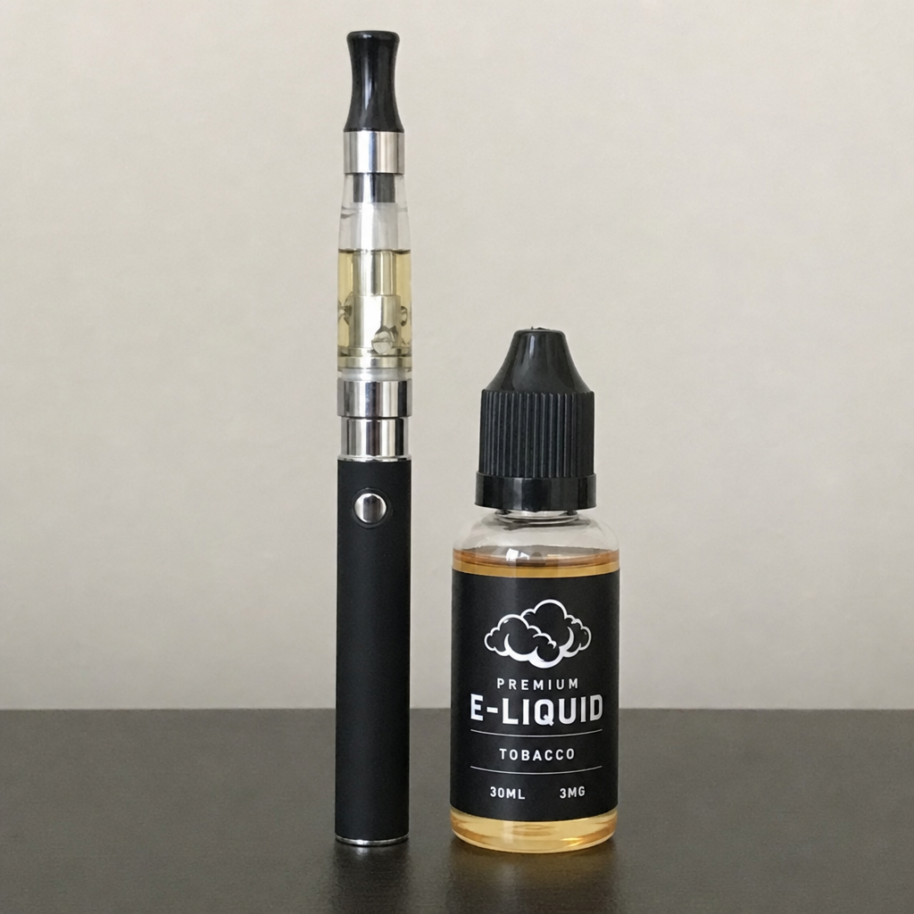 Slim black refillable vape pen standing next to a 30ml bottle of 3mg premium tobacco e-liquid - Vape Pen guide by VapeFeat