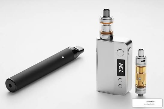 Slim black pod vape pen, 75W silver box mod with sub-ohm tank, and 510 oil cartridge side-by-side on a white surface - Types of Vapes Hardware Guide on VapeFeat