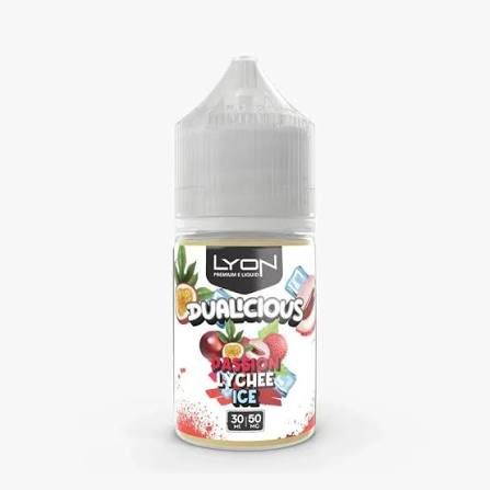 Lyon Dualcious Passion Lychee Ice 30ml 50mg nicotine salt e-liquid chubby gorilla bottle on a white background - 30ml Vape Juice Cost Guide on VapeFeat