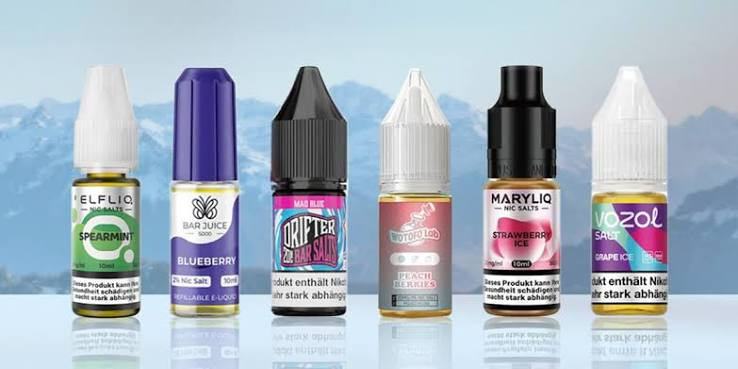 Row of six 10ml nic salt e-liquid bottles including Elfliq Spearmint, Bar Juice Blueberry, Drifter Bar Salts Mad Blue, Wotofo Lab Peach Berries, Maryliq Strawberry Ice, and Vozol Salt Grape Ice against an icy mountain background - 10ml Nic Salt E-Liquid Guide on VapeFeat