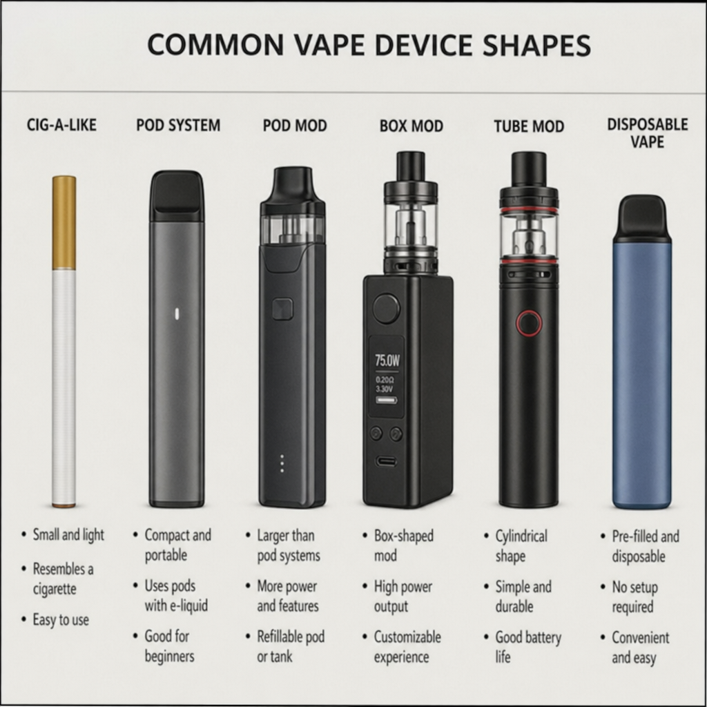 Infographic comparison chart showing different types of vapes including cig-a-like, pod system, pod mod, box mod, tube mod, and disposable vape - VapeFeat guide