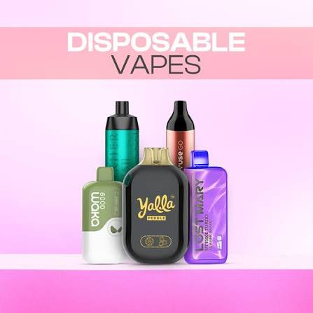 Colorful collection of popular disposable vapes including Yalla Pebble, Lost Mary MT15000 Turbo, Waka 6000, and pen-style devices against a pink background - Disposable Vapes Guide on VapeFeat