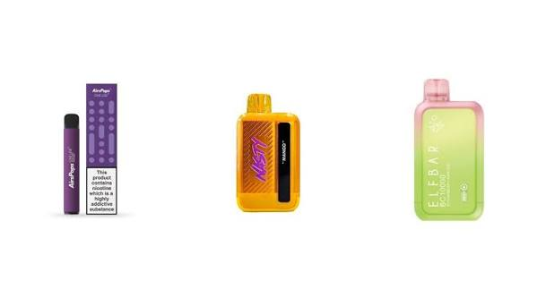 Three popular disposable vapes showing a purple AirsPops device with box, an amber Nasty Bar Mango pod, and a green-to-pink Elf Bar BC10000 on a white background - Disposable Vape Comparison on VapeFeat