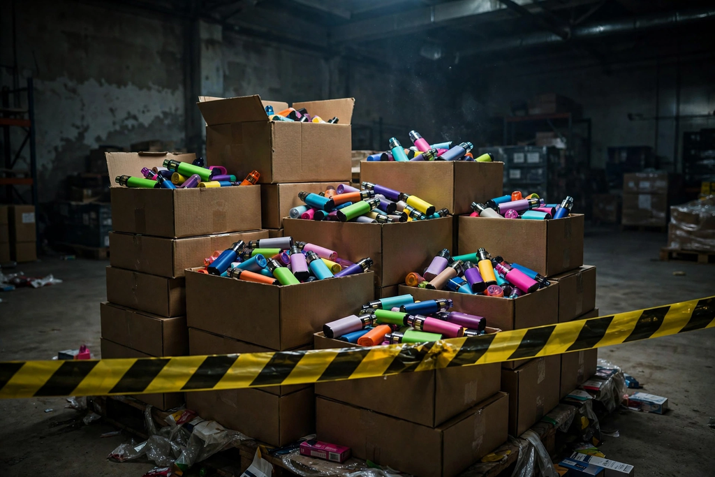 Boxes of seized illegal disposable vapes behind caution tape during FDA enforcement operation
