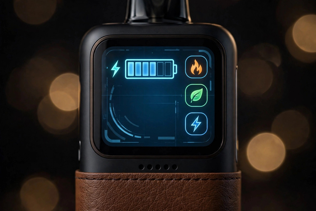Close-up of the RAZ LTX 25000 animated HD screen showing battery, e-liquid level and wattage