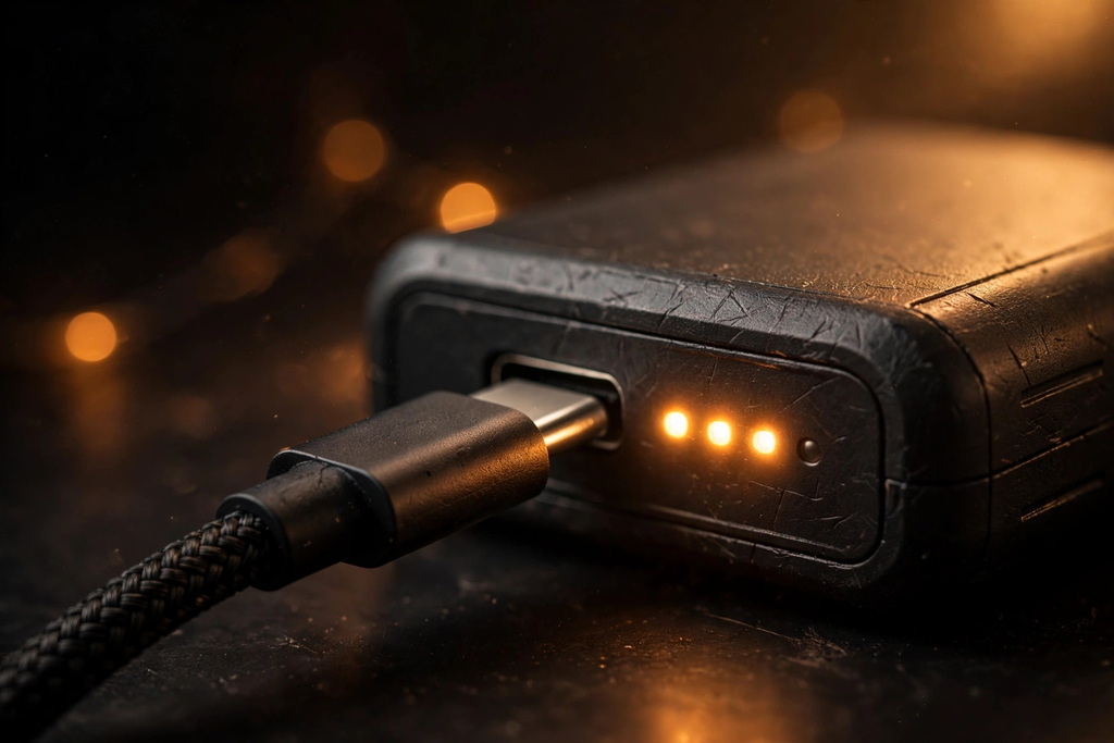 USB-C charging cable with glowing battery charge indicator on dark background