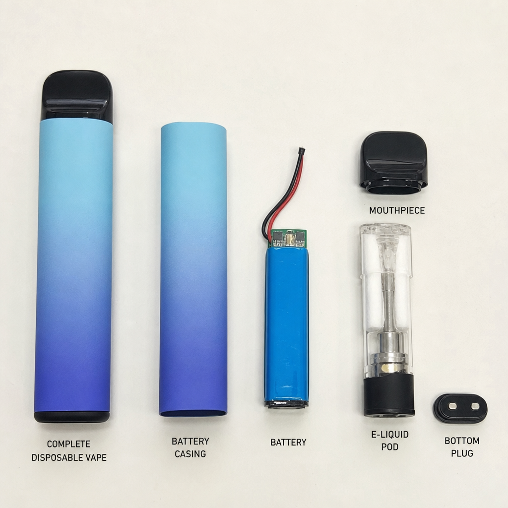 Disassembled disposable vape diagram showing individual internal components including outer casing, lithium battery, mouthpiece, e-liquid pod cartridge, and base piece on VapeFeat