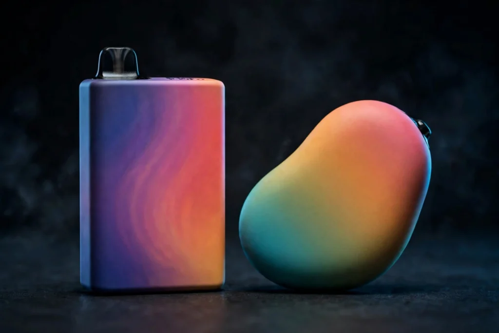 Side-by-side editorial photo of a boxy disposable vape and a curved pebble-shaped disposable vape on a dark studio background, no text