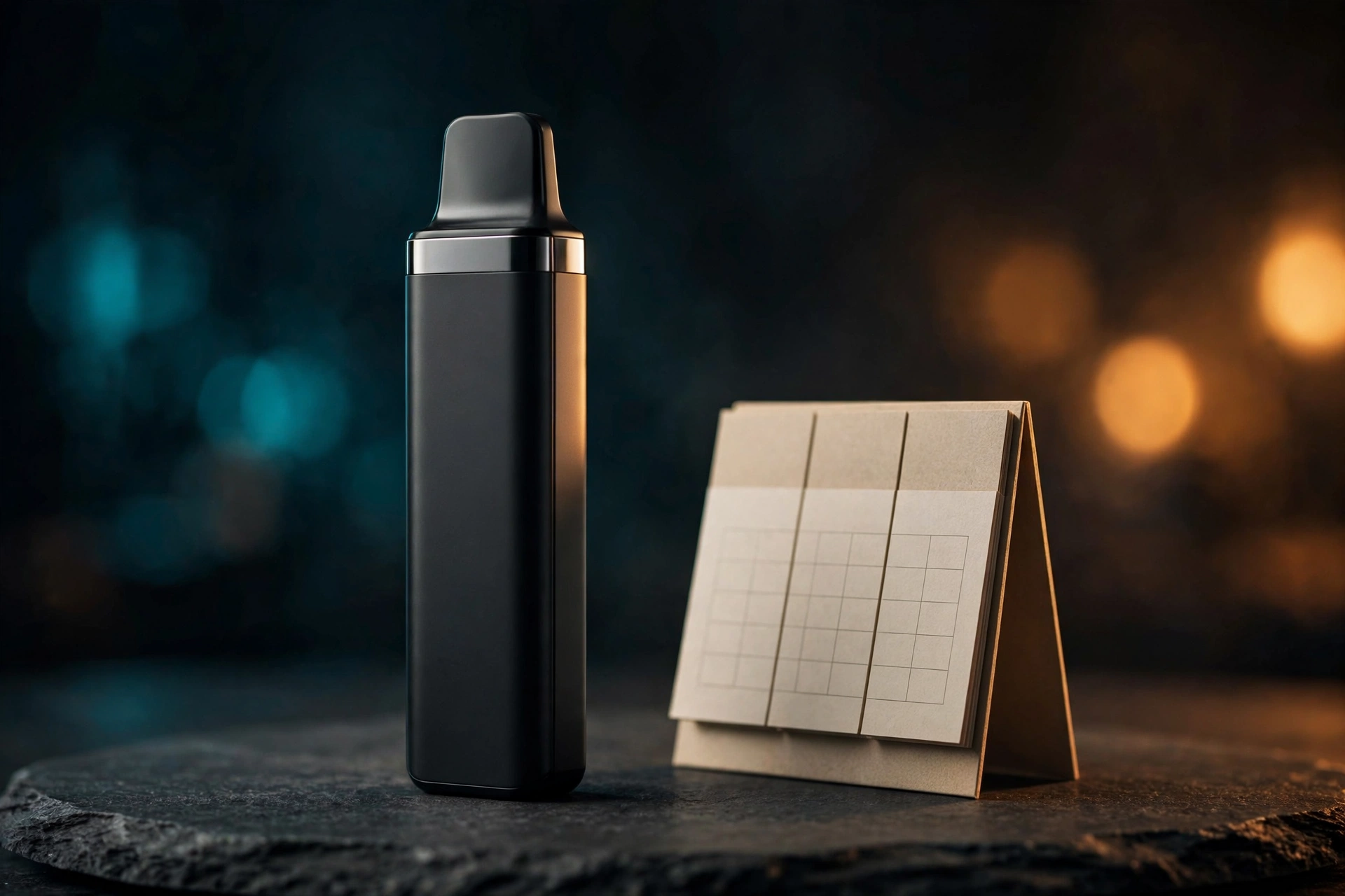 Editorial product photo of a black disposable vape standing beside a small desk calendar in warm studio lighting