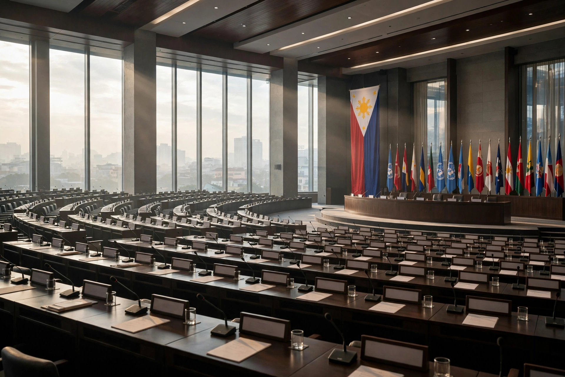 Delegates seated in a large international assembly hall in Manila for a global health policy meeting