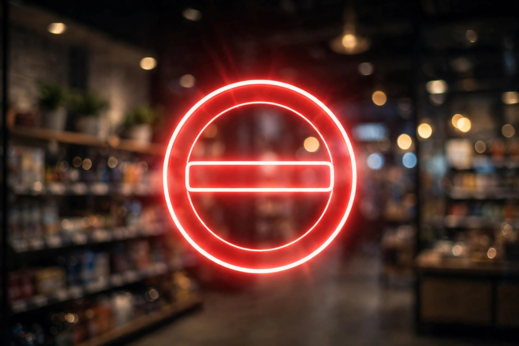 Red prohibition symbol concept over retail store interior