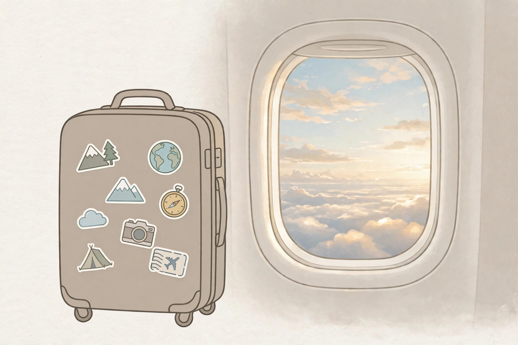 Illustration of a carry-on suitcase with travel stickers next to an airplane window, representing traveling with vapes
