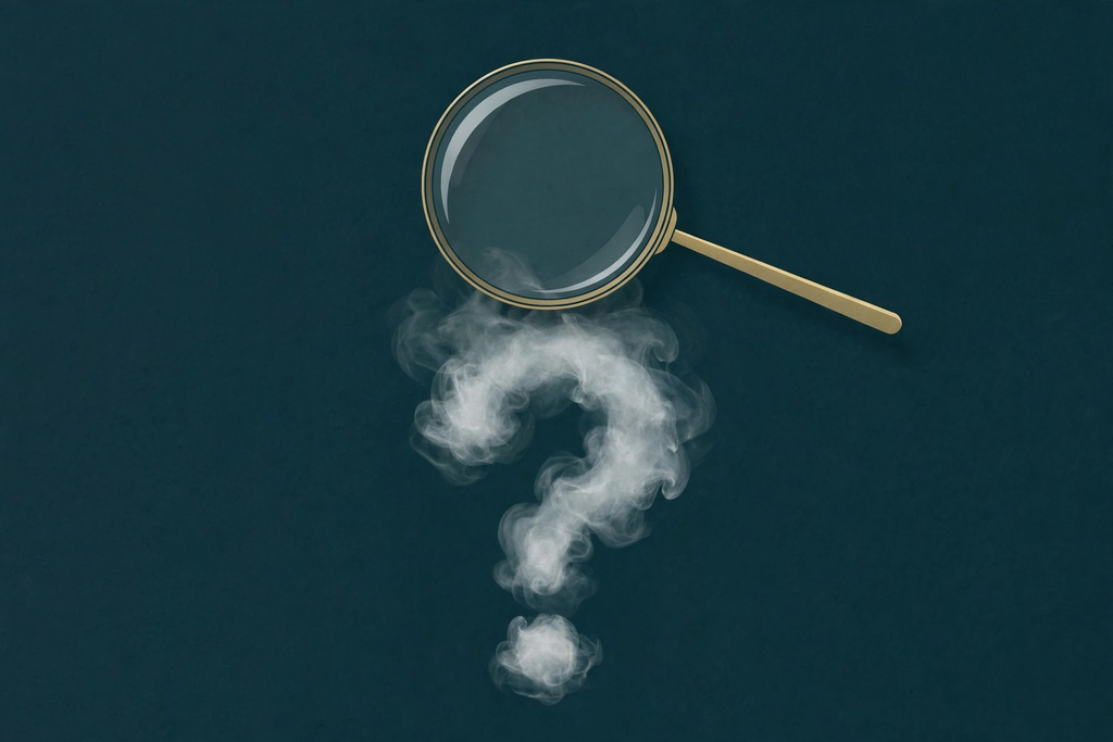 Illustration of a magnifying glass over a vapor question mark, representing fact-checking rumors about Geek Bar
