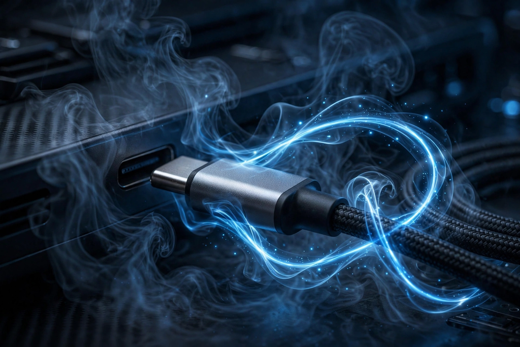 Geek Bar Mate 60K battery and charging: USB-C cable with glowing blue energy trails and vapor on dark background