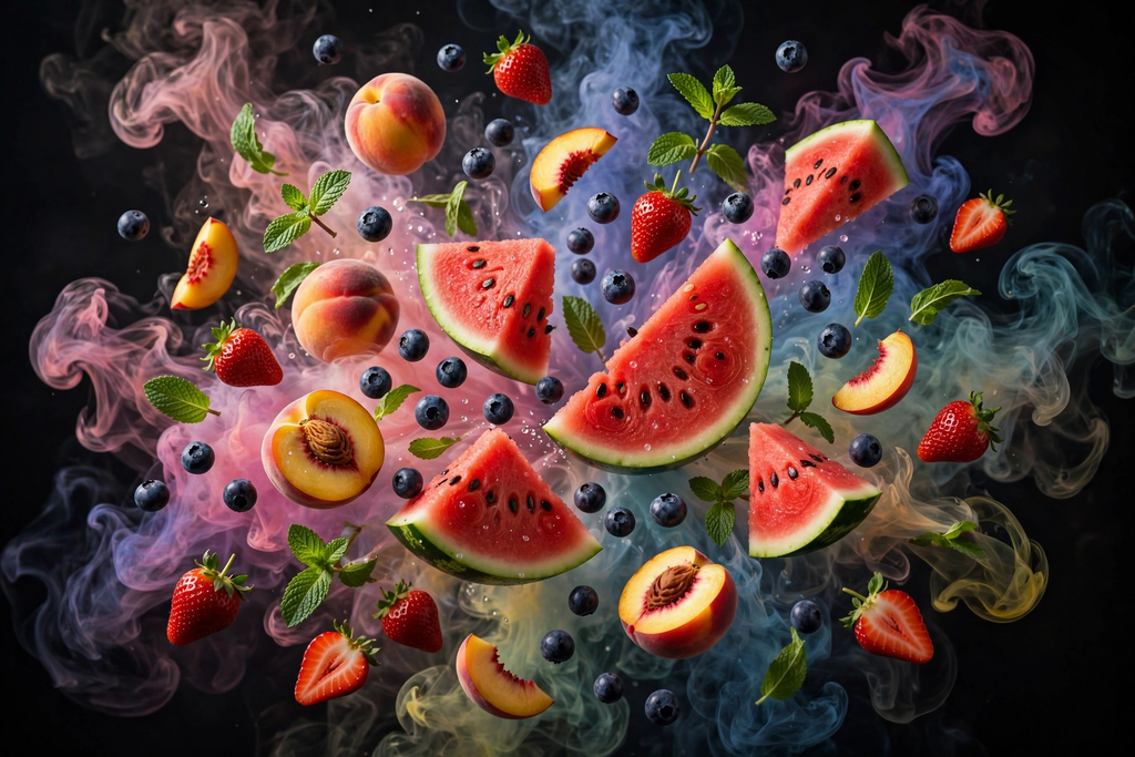 Geek Bar Mate 60K flavors 2026: fresh watermelon, blueberries, peaches, strawberries and mint with colorful vapor swirls