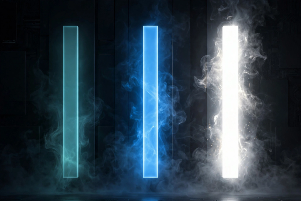 Clio Platinum 50K power modes concept: three glowing bars from teal to white representing Regular, Pulse and Super Pulse modes