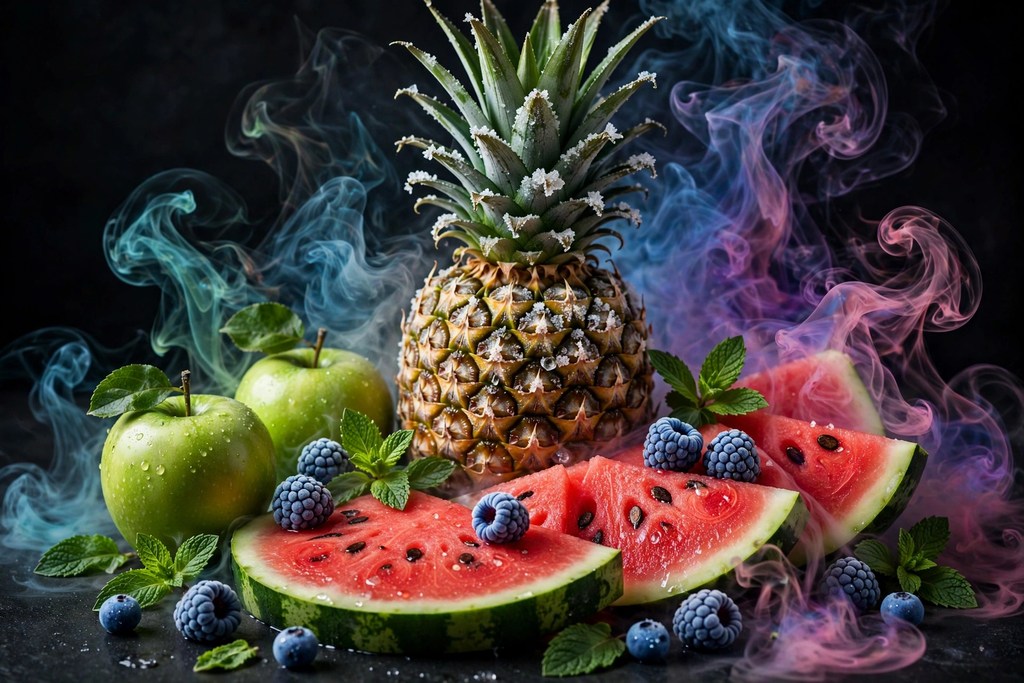 Lost Mary MO20000 Pro flavors 2026: watermelon, blue raspberries, green apples, pineapple and mint with vapor
