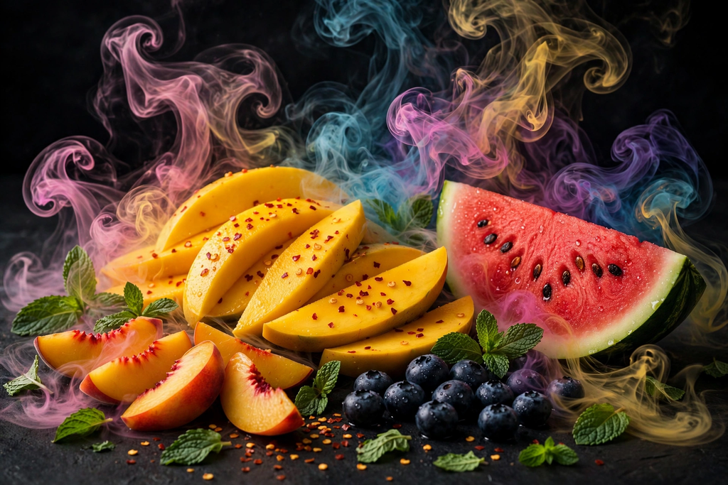Sea XS 15000 flavors lineup mango watermelon peach blueberries mint with colorful vapor
