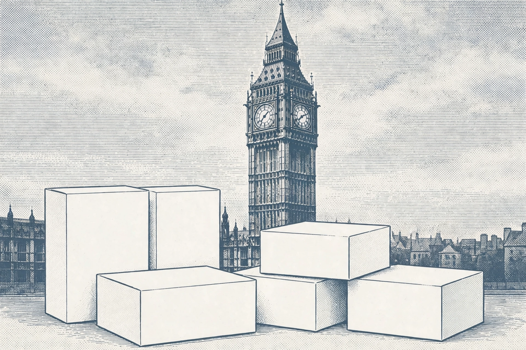 Illustration of plain white packaging boxes in front of Big Ben, representing the UK's proposed plain packaging rules for vapes