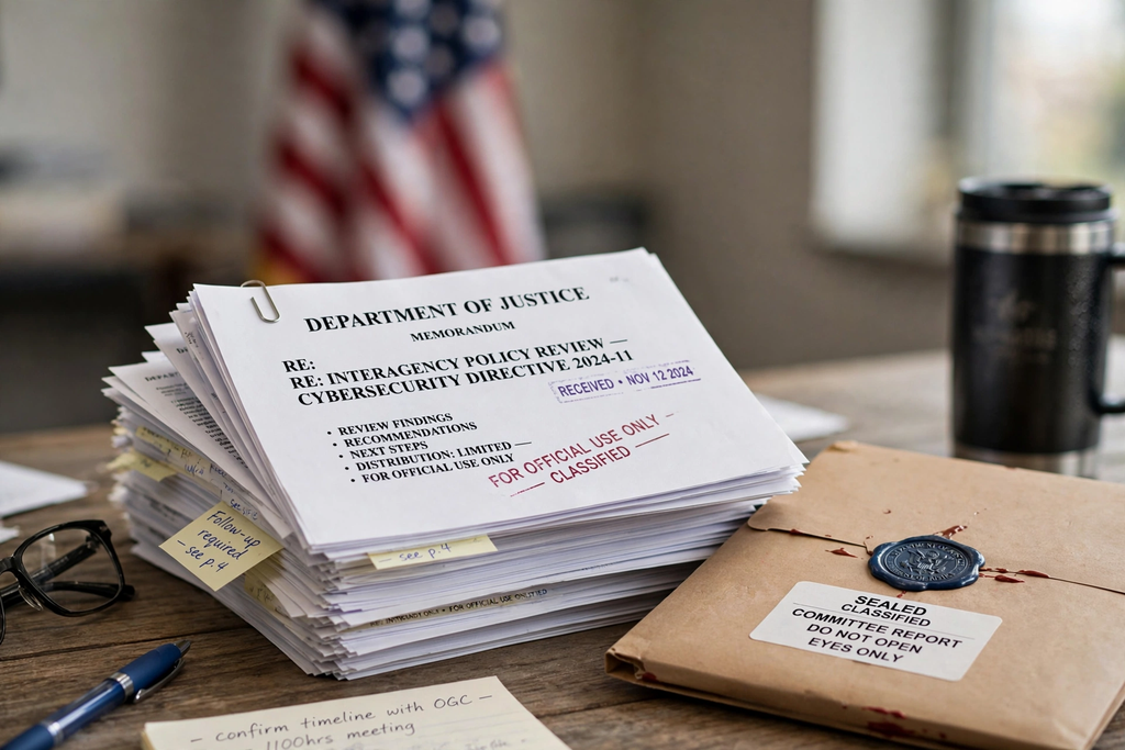 Official government documents on a desk with an American flag blurred in the background