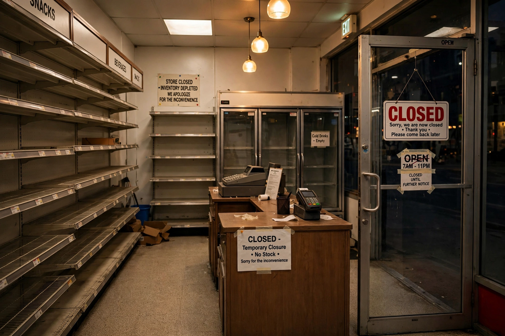 Retail convenience store interior with empty shelves under warm lighting