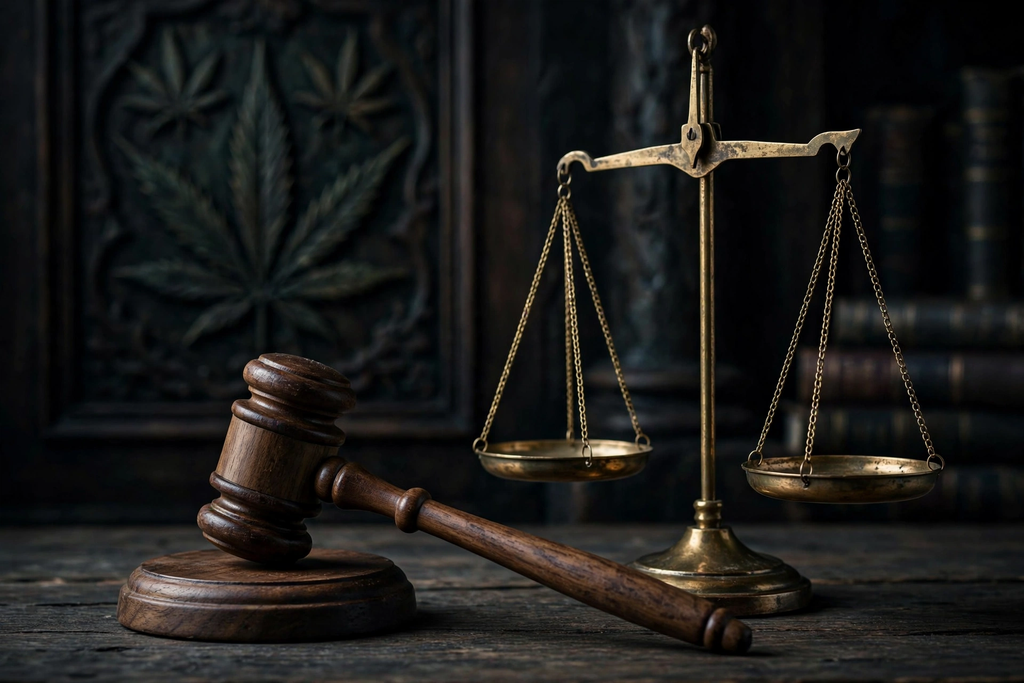 udge gavel beside a scale of justice with a subtle cannabis leaf motif in courthouse tones