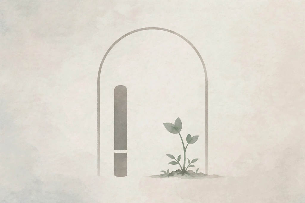 Minimalist illustration of a cigarette beside a growing sprout, symbolizing the gateway effect from vaping to smoking