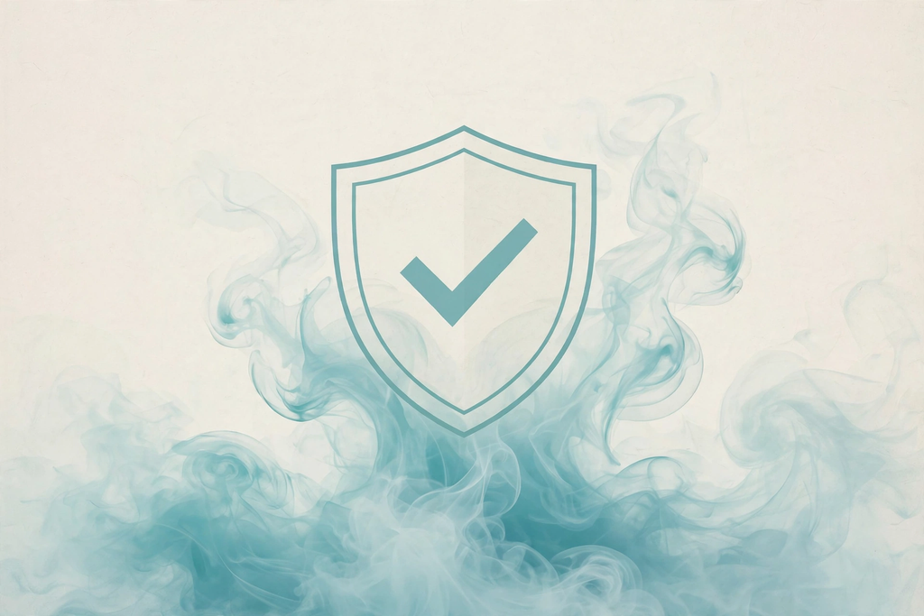 Illustration of a shield with a checkmark over vapor, representing high-certainty evidence for vapes as a quit-smoking aid
