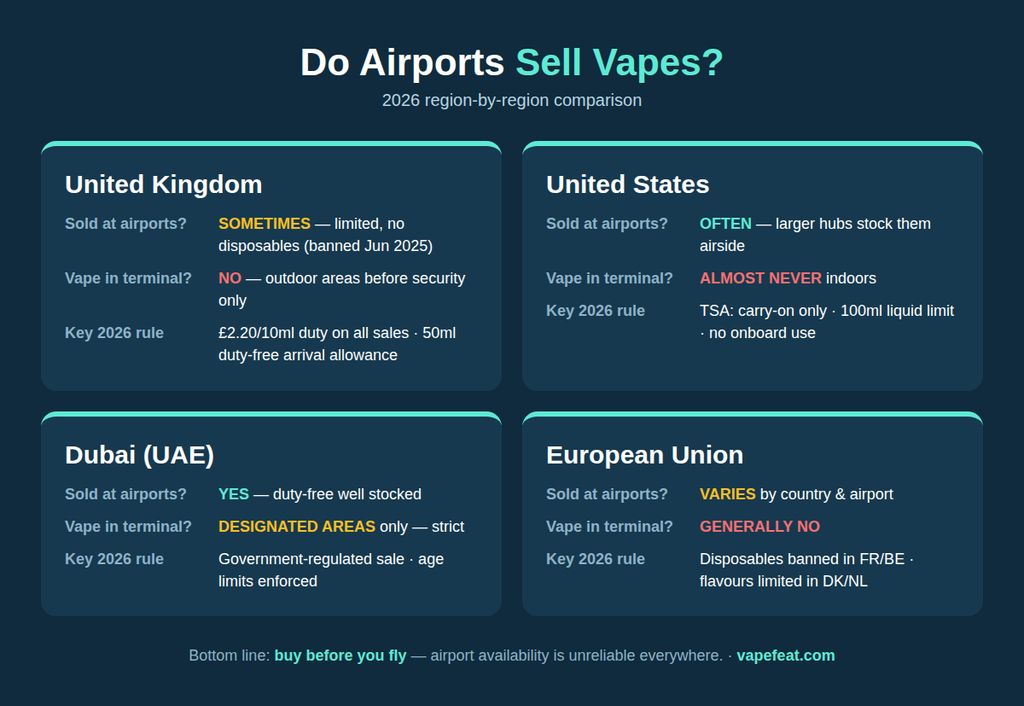 Infographic comparing whether airports sell vapes in the UK, US, Dubai and EU in 2026, with terminal vaping rules and key regulations