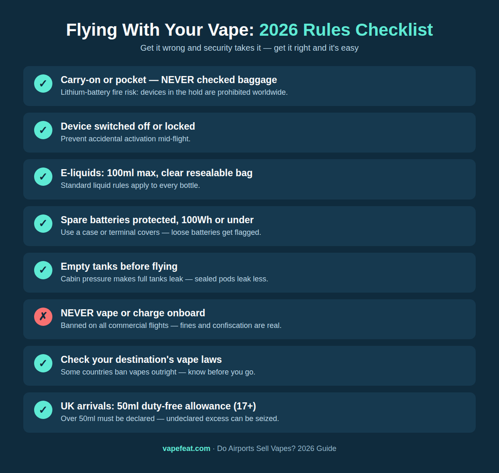 Checklist infographic of 2026 rules for flying with a vape: carry-on only, 100ml liquids, battery limits and UK arrival allowance