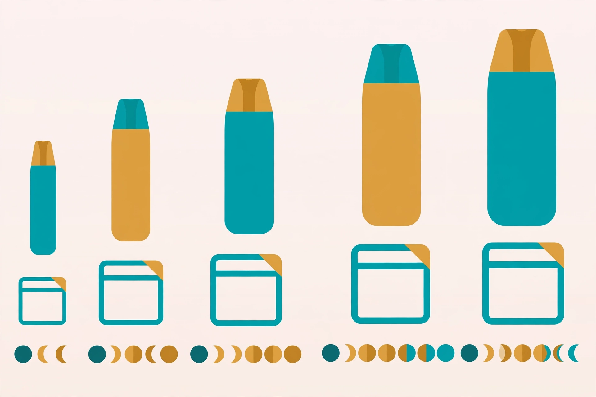 Infographic illustration showing five disposable vapes from small to large with calendar icons and moon phases representing days of use