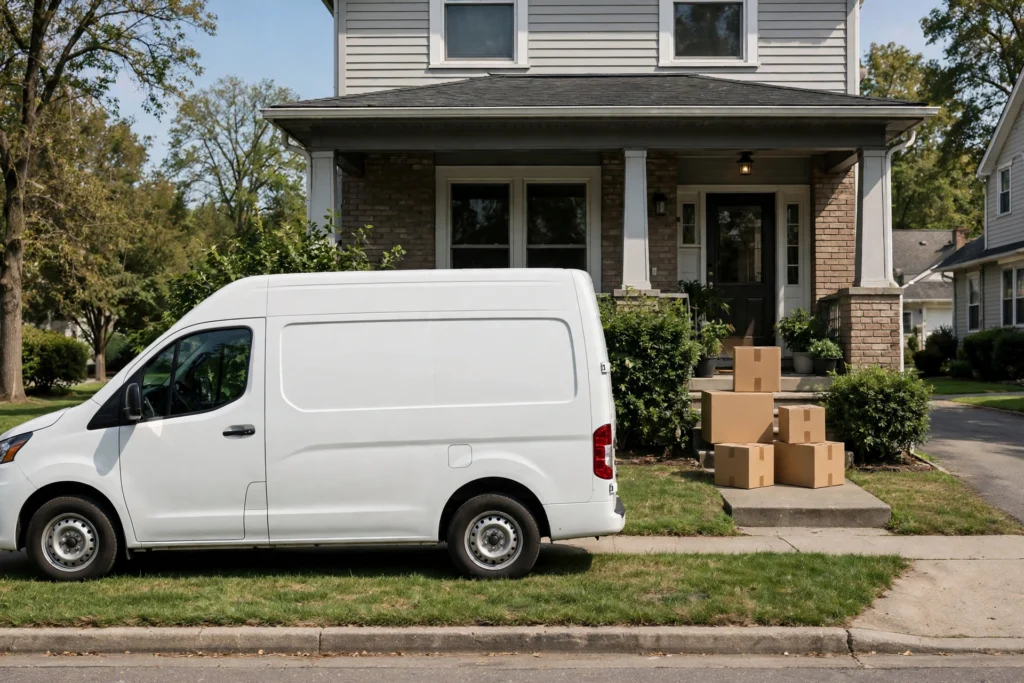 Delivery van outside a suburban home with parcels on the doorstep, showing how online tobacco sales bypass age verification