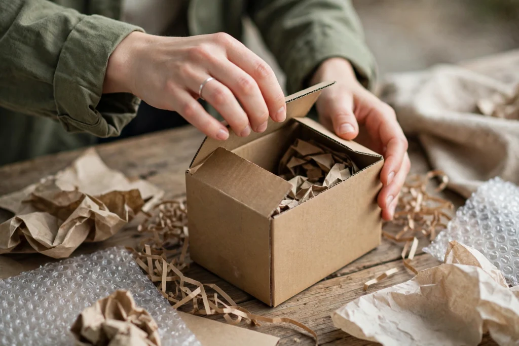 Person opening a small cardboard shipping box, illustrating illegal direct-to-consumer vape shipments in Vermont