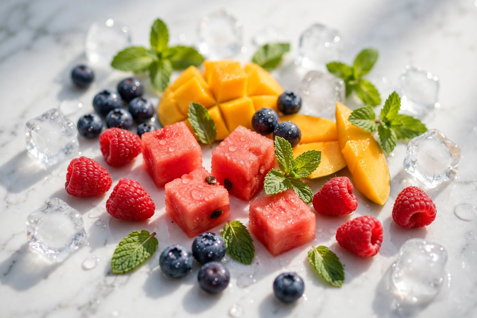 Flat lay of fresh blueberries, raspberries, mango slices, watermelon cubes and mint leaves