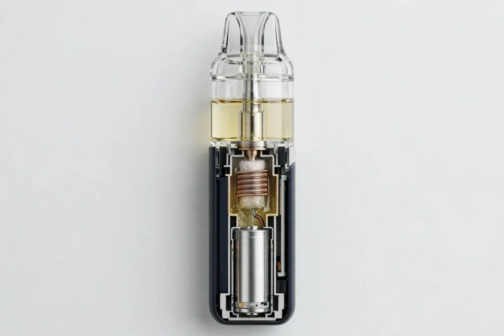 Cutaway illustration of a disposable vape showing the sealed e-liquid chamber, lithium battery, heating coil, and mouthpiece