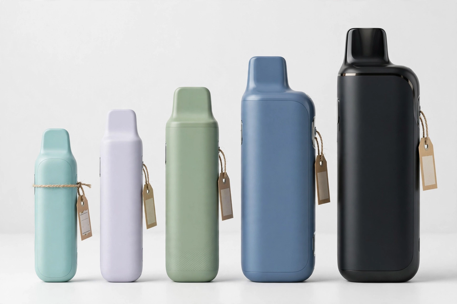 Five disposable vapes in increasing sizes with price tags, illustrating 2026 disposable vape price ranges