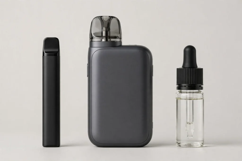 Disposable vape pen next to a refillable pod kit with a bottle of e-liquid for size and format comparison